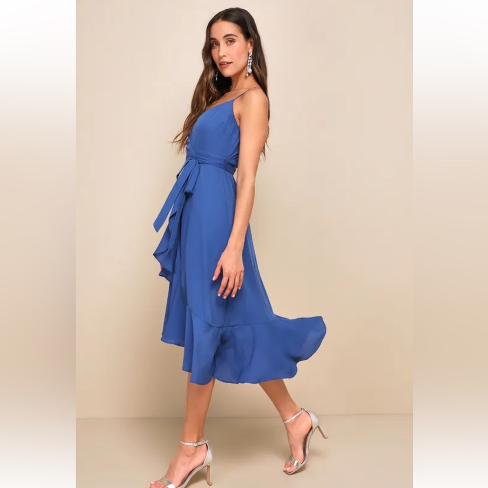 Lulu’s Manhattan Moment Blue Ruffled Midi Wrap Dress